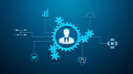 Fototapeta premium Digital data flow inside a business engine with AI, cloud, analytics, and cybersecurity icons connected through gears in a futuristic network