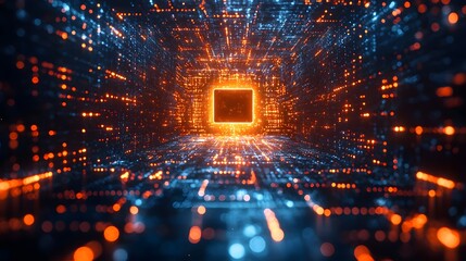 Abstract futuristic digital tunnel composed of glowing orange and blue particles converging on a central illuminated square core