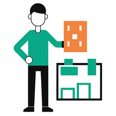 Man holding a building block and planning a construction project