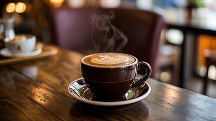 Steaming cup of latte with beautiful foam art on a wooden table


