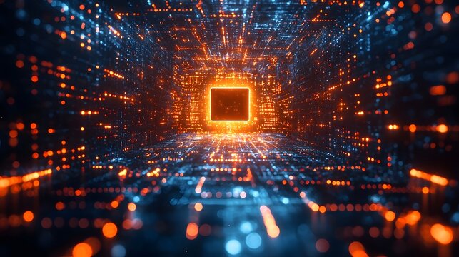 Abstract futuristic digital tunnel composed of glowing orange and blue particles converging on a central illuminated square core