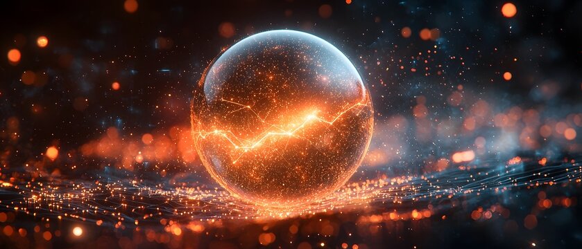 A luminous orb crackling with internal energy and digital connections set against a backdrop of abstract particles and bokeh lights