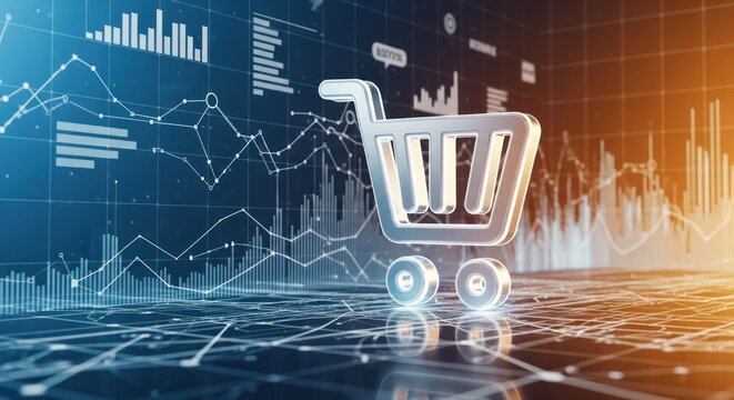 A metallic shopping cart icon on a digital interface with financial charts in the background.