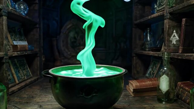 Bubbling cauldron with glowing neon green potion, magical symbols floating in the air, surrounded by vintage potion bottles and spell books.
