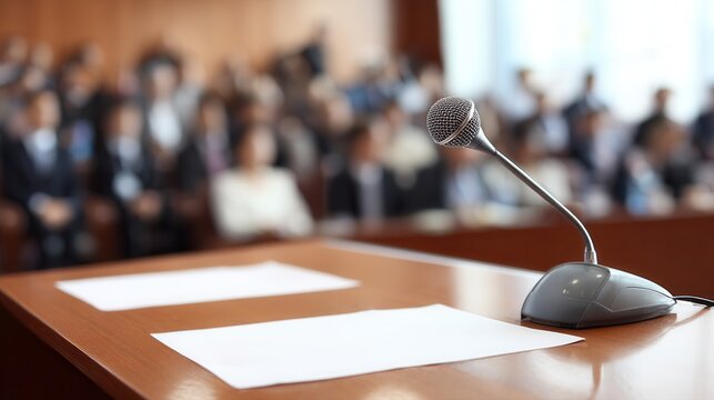 A microphone sits on a wooden podium with blank papers, set against a crowd in a formal setting, likely a courtroom or conference.