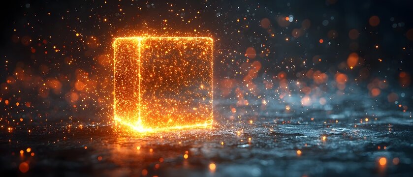 A vibrant glowing cube constructed from countless luminous particles radiating energy and light against a dark textured surface
