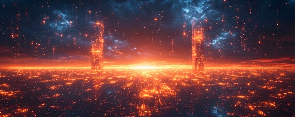 A futuristic digital city landscape illuminated by glowing energy networks and towering structures under a cosmic sky