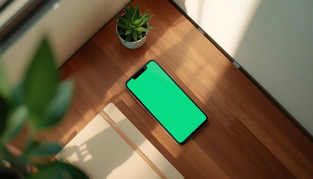 Modern Minimalist Smartphone Mockup with Green Screen on Wooden Desk