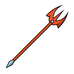Cartoon orange trident weapon with blue gem and sharp point