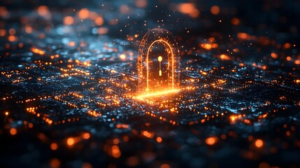 Abstract glowing digital portal with security symbol symbolizing futuristic network access and cyber defense