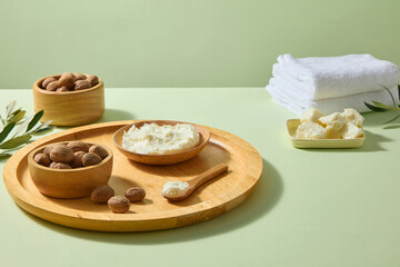 Close-up of creamy shea butter and shea nuts ion wooden dishes, decorated with white towel and leaves on green background. Perfect for cosmetic packaging mockups or wellness branding.