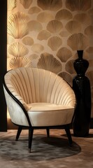 Elegant Off White Pleated Armchair with Black Metal Frame Against Gold Leaf Wall