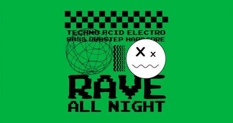 Glitching transparent canvas showing neon stripe moving and text and globe pulsing promoting rave