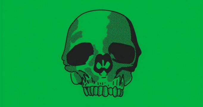 Frame change starting skull glowing and pulsing on glitch grid looping on transparent backdrop