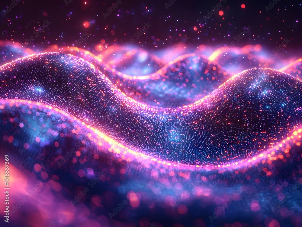Wall mural abstract digital landscape of glowing blue and purple particles forming undulating waves symbolizing
