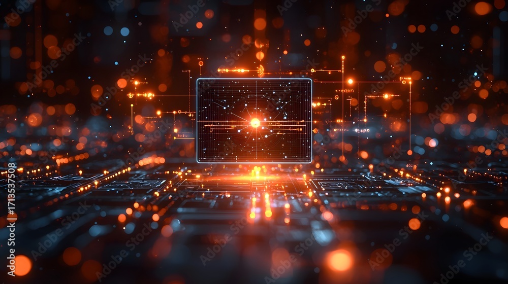 Wall mural abstract digital network with glowing orange and blue data streams and a central luminous core