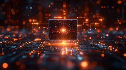 Abstract digital network with glowing orange and blue data streams and a central luminous core