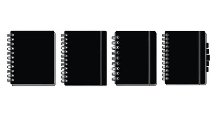 Obraz premium Four black spiral notebooks displayed individually against a vector