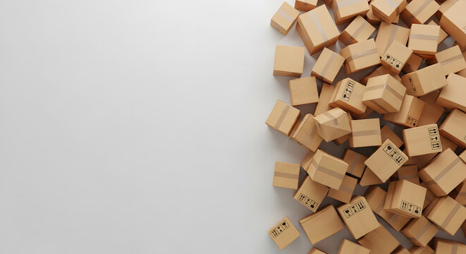 Numerous small cardboard boxes scattered on a plain white surface, creating a visual texture.