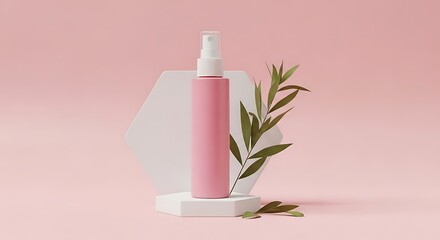 Cosmetic Product Display with Natural Elements on a Pink Background