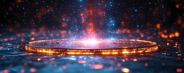 A futuristic glowing podium center stage emits vibrant energy particles against a dark digital space background