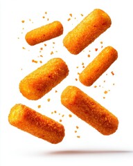 Falling Golden Fried Snacks Against White Background