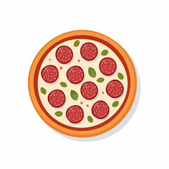Delicious Vector Illustration of a Round Pepperoni Pizza with Basil Leaves.