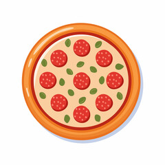Cartoon Pepperoni Pizza with Basil Round Crust and Red Pepperoni Slices.