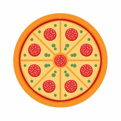 Flat Lay Illustration of a Pepperoni Pizza with Cheese and Green Topping.