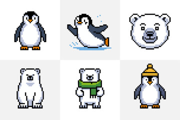 Pixel penguins collection, walking and skating poses, polar bear faces, cozy scarf details, minimal winter icons, vector graphics