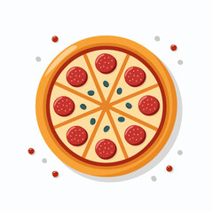 Whole pepperoni pizza with olives sliced into eight pieces featuring a golden crust and flat design style.