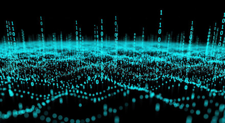 A digital wave with binary code and a blue hue.