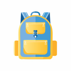 Blue and Yellow Backpack Illustration with White Pockets and Details.