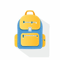 Vibrant blue and white cartoon backpack illustration with yellow handle front flap and side pockets flat design style.