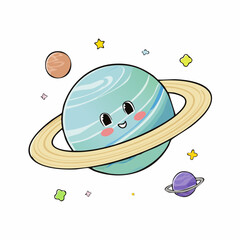 Cheerful blue striped planet with golden rings and a cute smiling cartoon face.