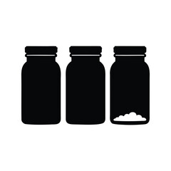 Three silhouette glass jars standing side by side, one partially filled with goods, spices jars silhouette vector illustration