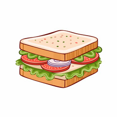 Cartoon Sandwich with Lettuce Tomato and Onion Slices Illustration.