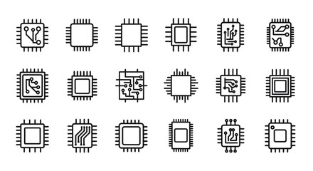 Diverse hand-drawn microchip icons representing modern technology and digital circuitry concepts vector