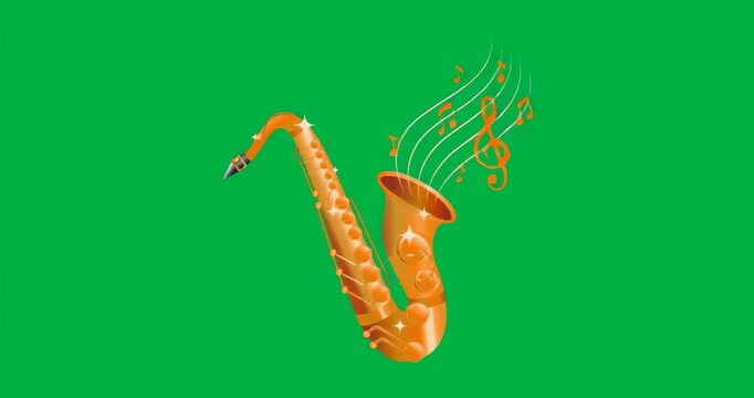 Saxophone emitting staff lines on transparent backdrop, floating orange notes forming treble clef