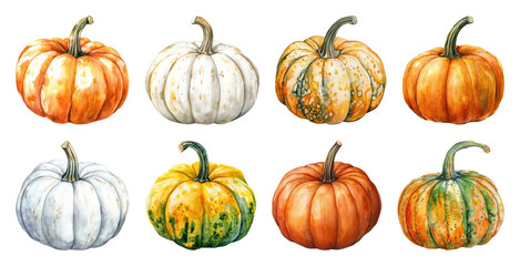 PNG Colorful pumpkins watercolor illustration, element set on transparent background