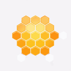 Vibrant yellow and orange glossy hexagonal cells forming a natural honeycomb pattern with some empty white spaces.