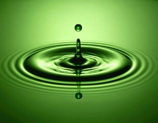 Green Water Drop Splash with Ripple Effect on Surface