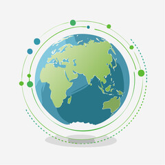 Stylized Earth Globe with Green Orbits and White Continents.