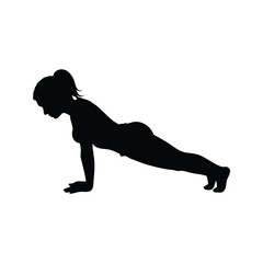 Silhouette of a woman doing a push up exercise on a white background, woman in plank position silhouette vector illustration