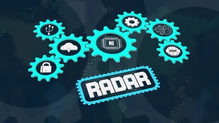 Digital radar and surveillance systems, a dynamic gear animation with technology icons showing a futuristic security and communication network. - Powered by Adobe