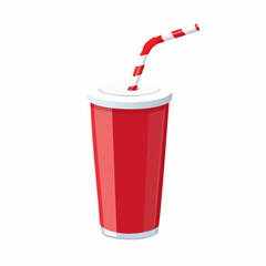 A tall red soda cup with a white lid and a red and white striped flexible straw.