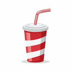 Red and white striped disposable soda cup with a white lid and bent straw vector illustration.