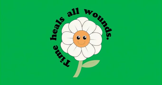 Text Time heals all wounds on start rotating around daisy showing healing on transparent background