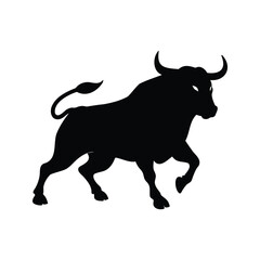 A powerful black bull silhouette charges forward with determination and strength, bull charging silhouette vector illustration