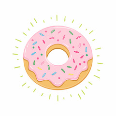 Cartoon Donut with Pink Frosting and Colorful Sprinkles Surrounded by Green Lines.